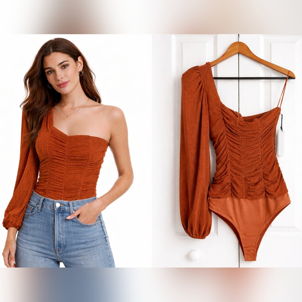 ASTR The Label Marta One Shoulder Ruched Bodysuit Rust Metallic NWT